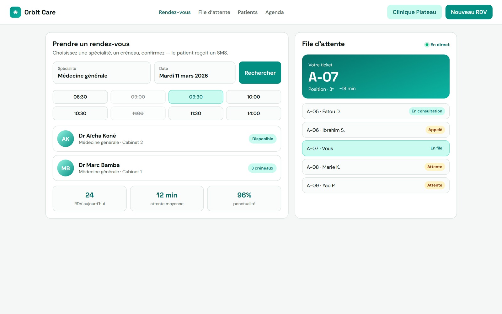 Orbit Care — interface RDV et file d’attente